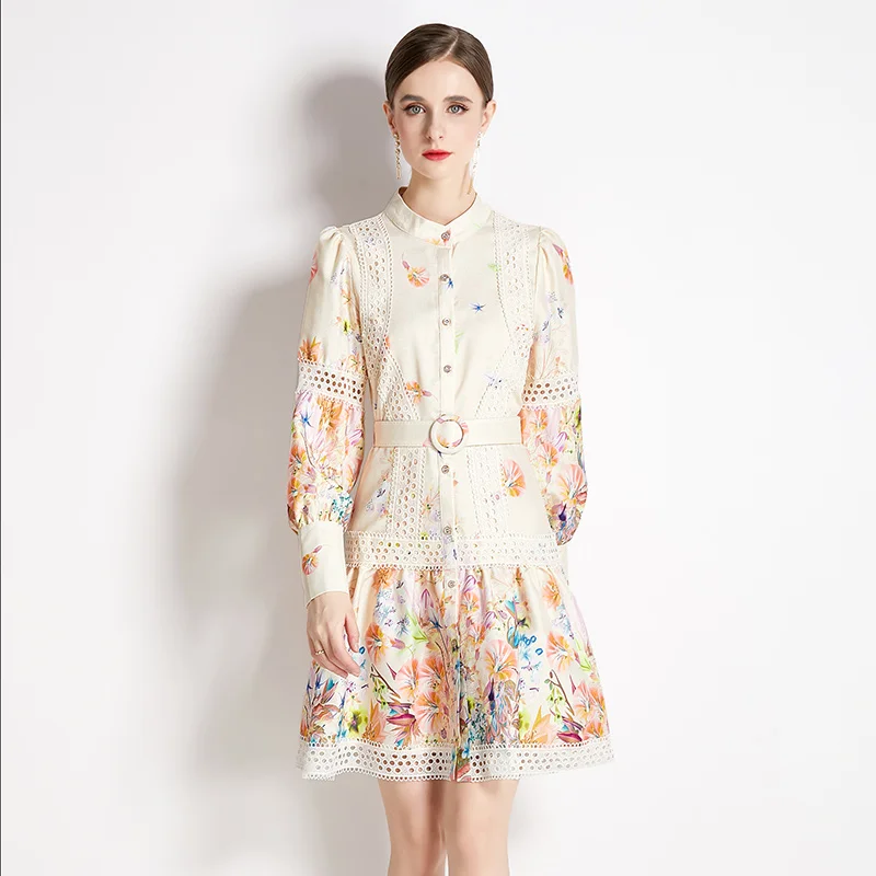 تنورة خريف 2024 ذات ياقة ثابتة تنورة طويلة Sve مطبوعة بالزهور على شكل حرف a مع حزام شارع Sle ميدي Dr للنساء