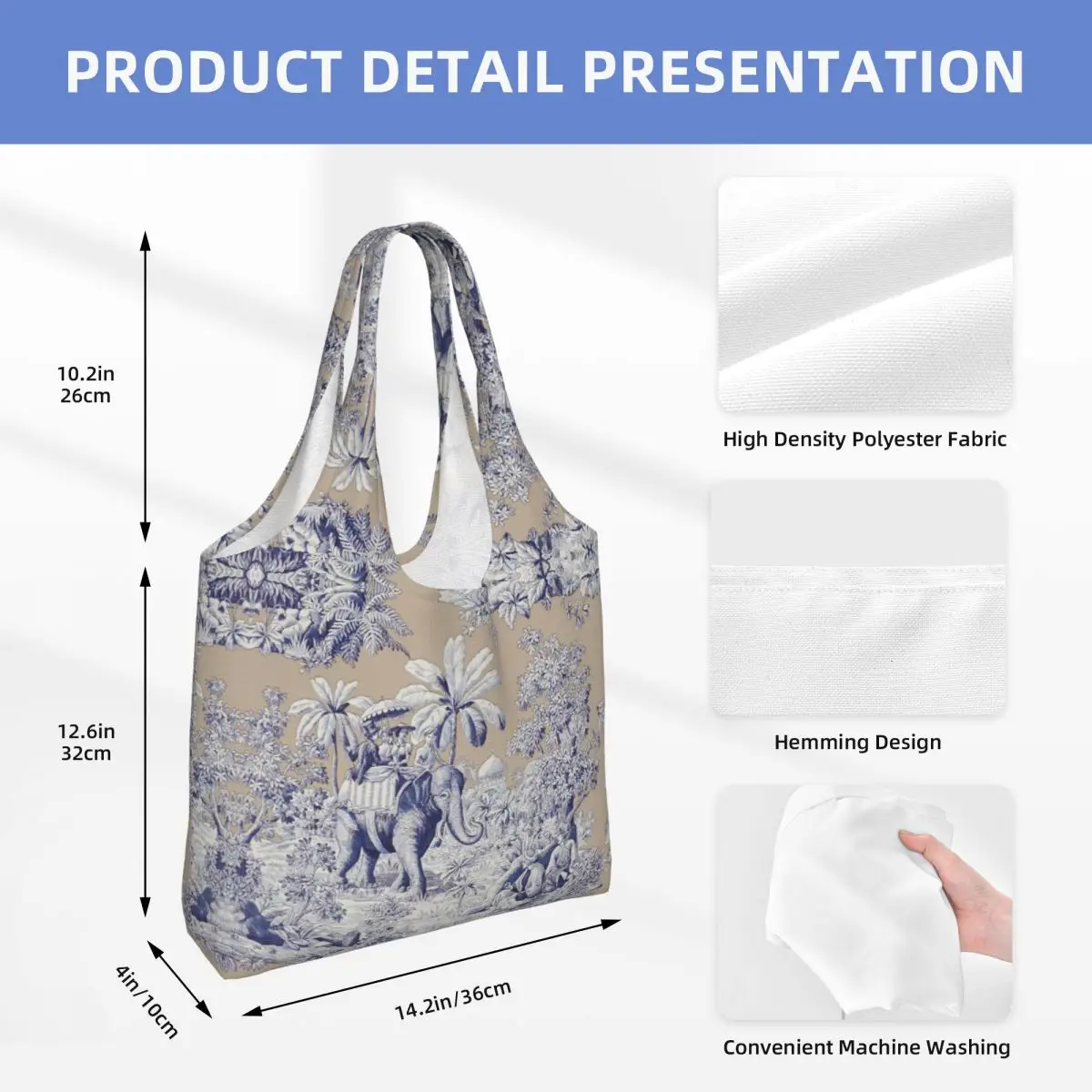 Navy Blue Toile De Jouy French Motif Pattern Groceries Shopping Tote Bags Women Canvas Shoulder Shopper Bag Capacity Handbags