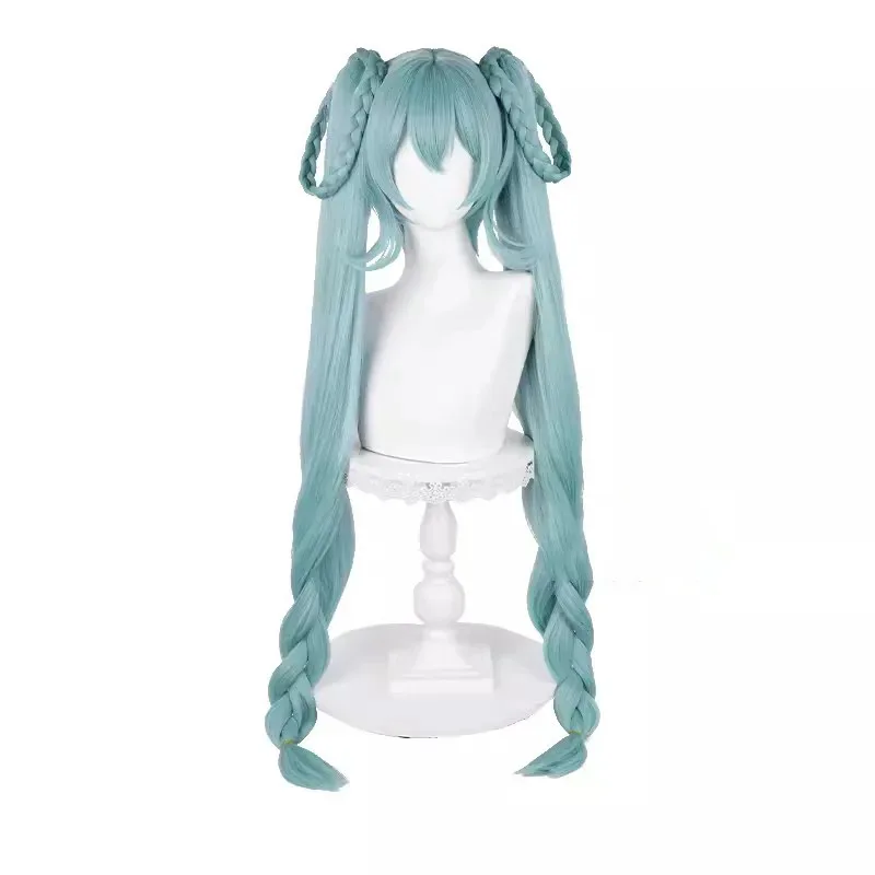 Anime Mikuu 꽃 코스프레 가발 96cm 긴 땋은 포니 테일 혼합 녹색 머리 스트레이트 피그 테일 가상 아이돌 Vtuber Headwear