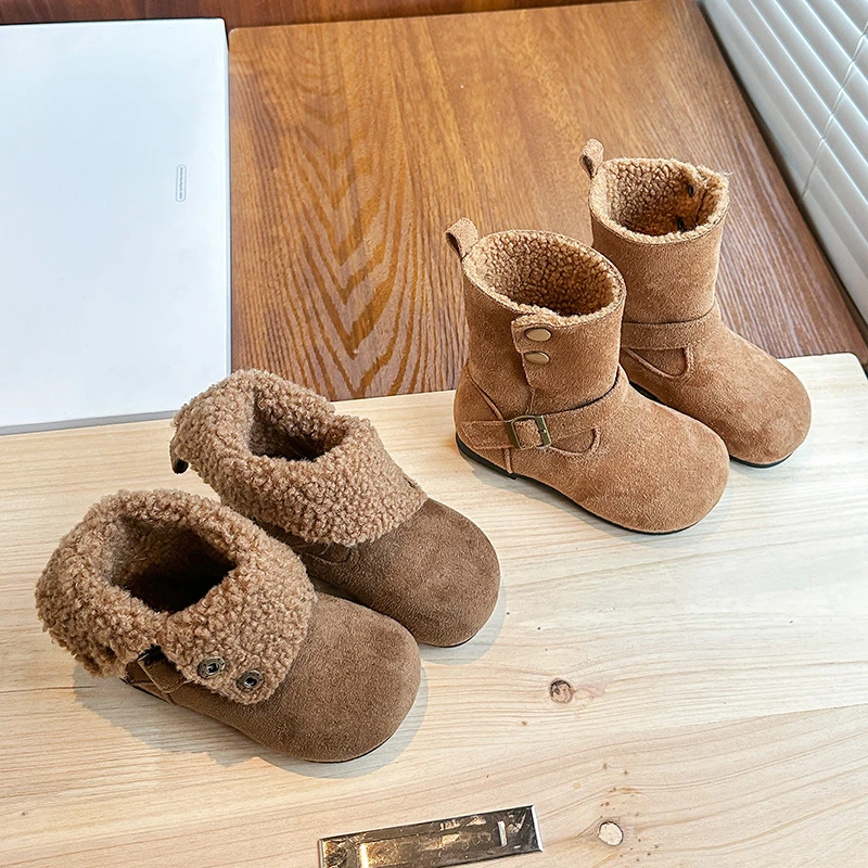 

Kids Snow Boots Retro Korean Style Girls Princess Boots Round Toes 2025 Autumn Winter Children Plus Warm Leather Boots