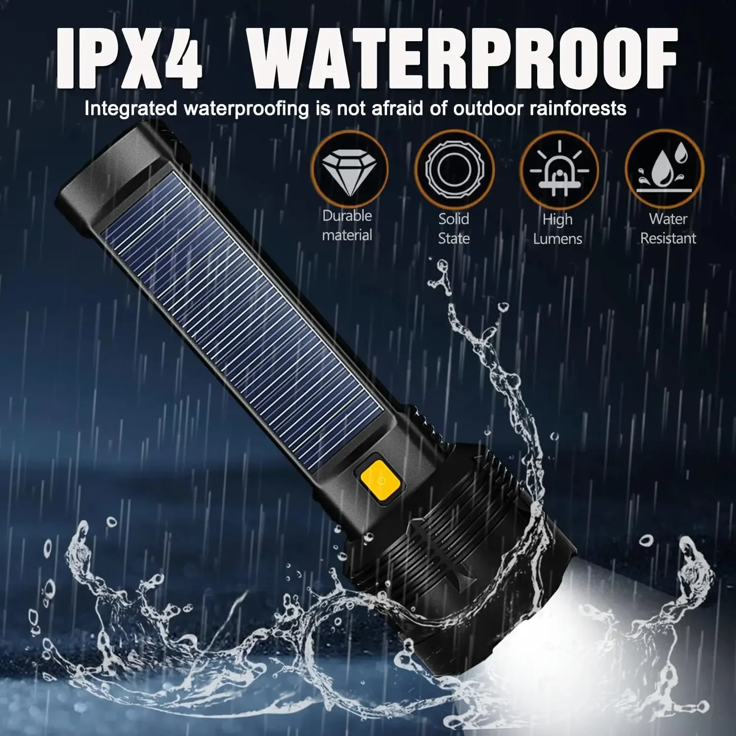 Solar/USB Rechargeable LED Flashlight 3 Modes Adjustable Brightness Super Bright Torch Outdoor Waterproof Flashlights