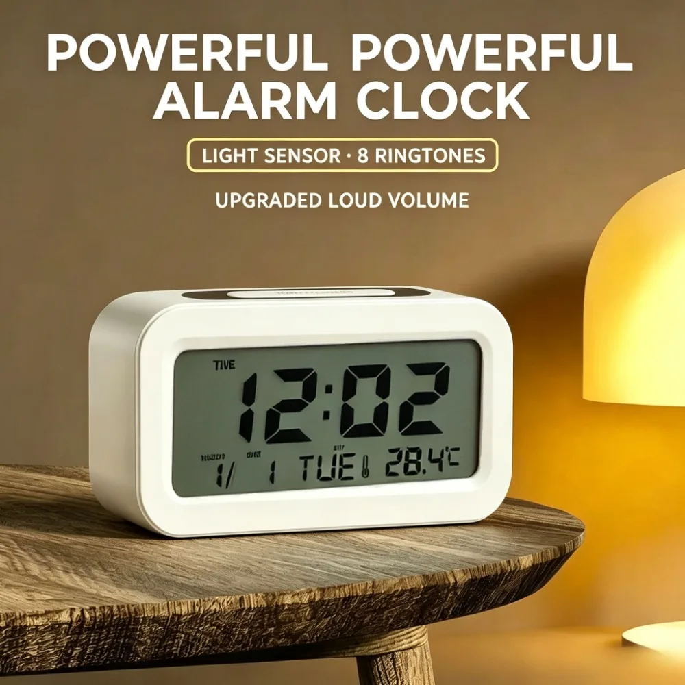 White Rectangle Multifunctional Alarm Clock 24H System Time Week Temperature Display Portable Mini Desktop Clock for Home Bedroom Office