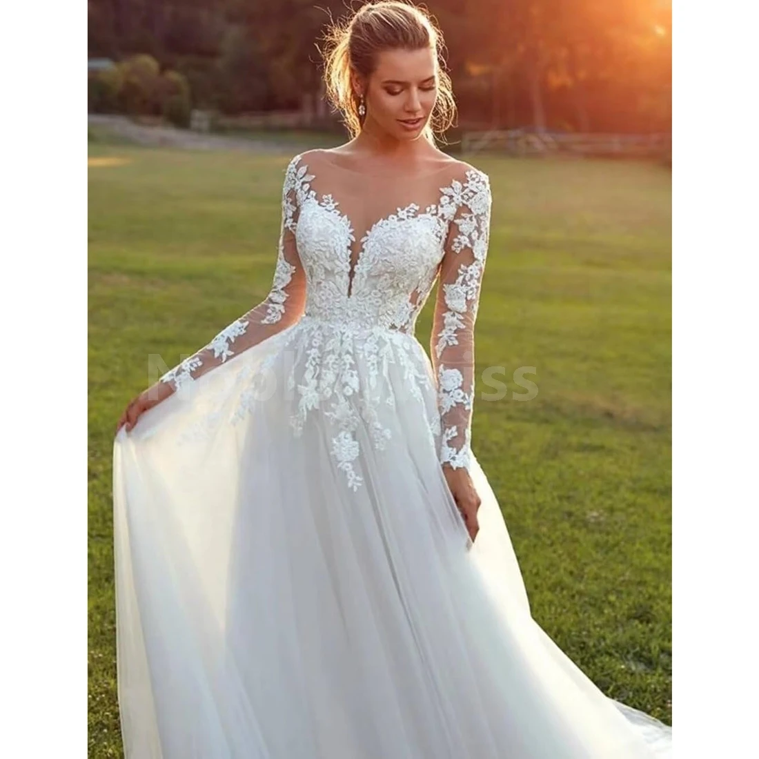 A-Line Tulle Wedding Dress with Lace O-Neck and Brush Train for Bride Customized