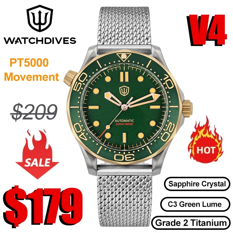 Watchdives wd007 v4 42mm relógio pt5000 movimento automático titânio nttd relógio de pulso cúpula cristal safira c3 relógio super luminoso