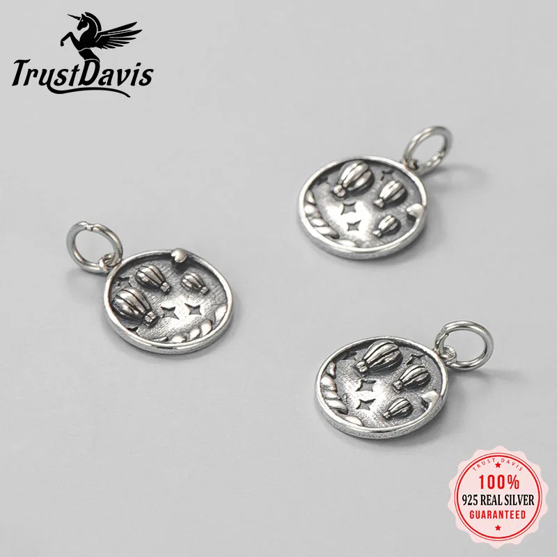 TrustDavis 925 Sterling Silver Vintage Pendant Round Hot Air Balloon Small Gift for DIY Bracelet Necklace Jewelry Making DZ1912