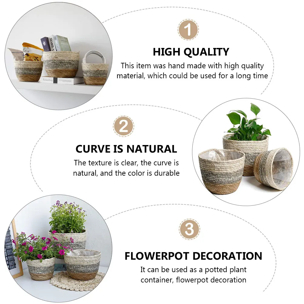 

3 Pcs Woven Flowerpot Decorative Home Decor Grass Basket Plant Container H made Natural Color Vase Home Gardening
