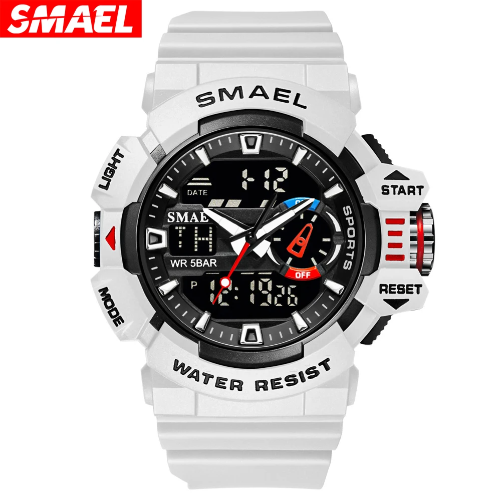 SMAEL Quartz Watch for Men Waterproof Military Luminous Hands Dual Display Digital Wristwatch White Rubber Bracelet Sport Clock