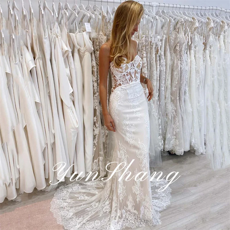 Yunshang Elegant Mermaid Wedding Dress Women Sweetheart Lace Open Back Strapless Bridal Gown Train Vestidos De Novia Customized