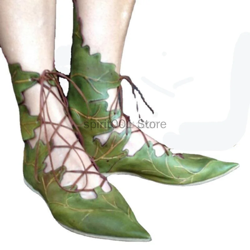 2023 Medieval Gothic Retro Elf Witch Leaves Lace Up Shoes For Women Men Cosplay Costume Carnival Party Knight Boots Accessories