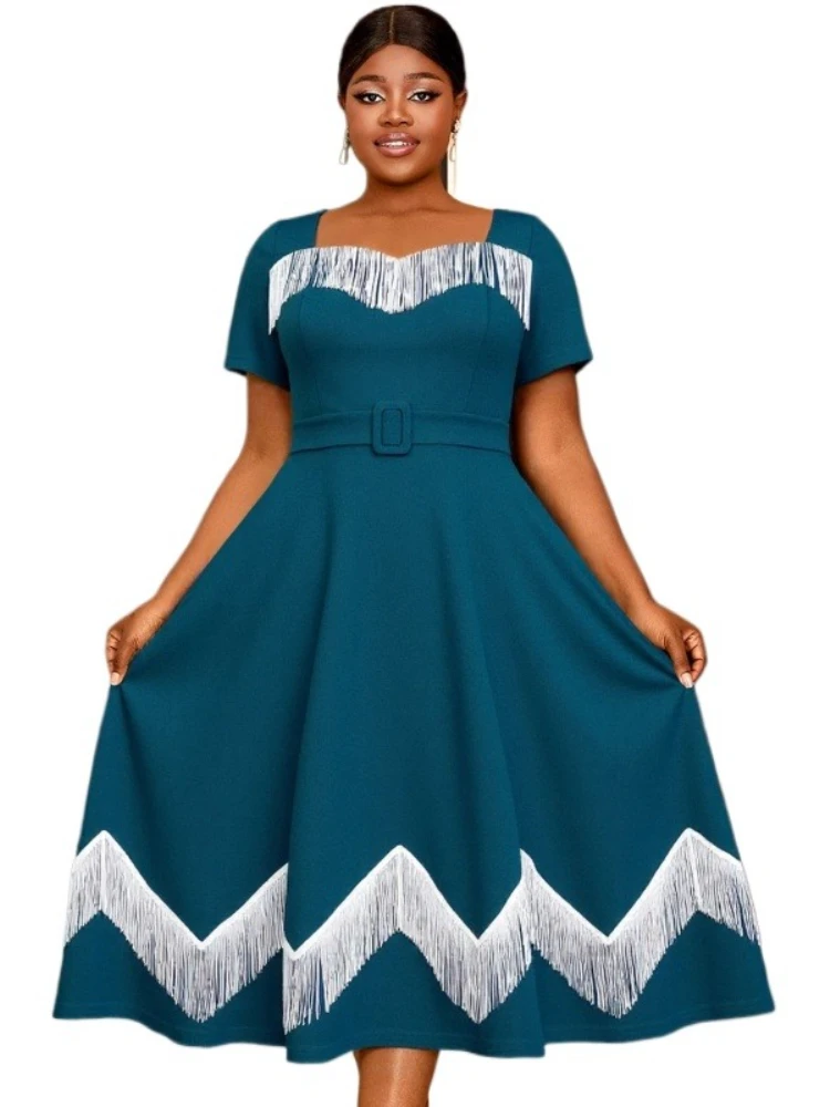 

Chic Plus Size A Line Midi Dresses for Women with Fringe Trim and Belted Waist Perfect for Vintage Party or Elegant Day Events