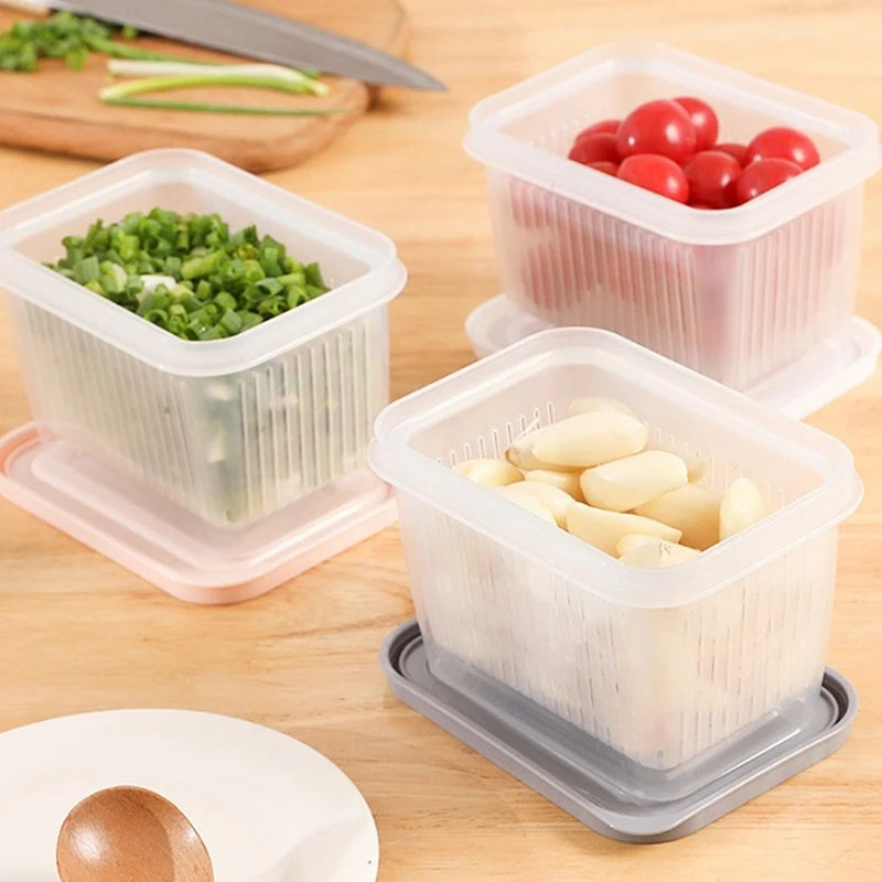 Double Drainer Onion Crisper Refrigerator Storage Drainer Basket Meat Onion Ginger Transparent Crisper With Lid