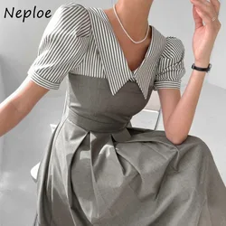 Neploe Elegant Sweet Lapel Neck Dress for Women 2024 New Slim Waist Ruched Dresses Y2k Short Sleeve Striped Vestidos Mujer