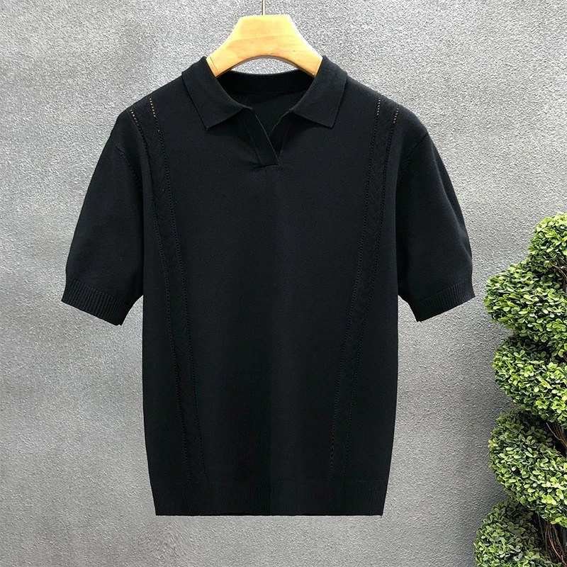 Vintage Lapel Button Mens Knit Polo Shirt Short Sleeve Solid Color Knitting Polo Men Tops Casual Breathable Slim Knitted T Shirt