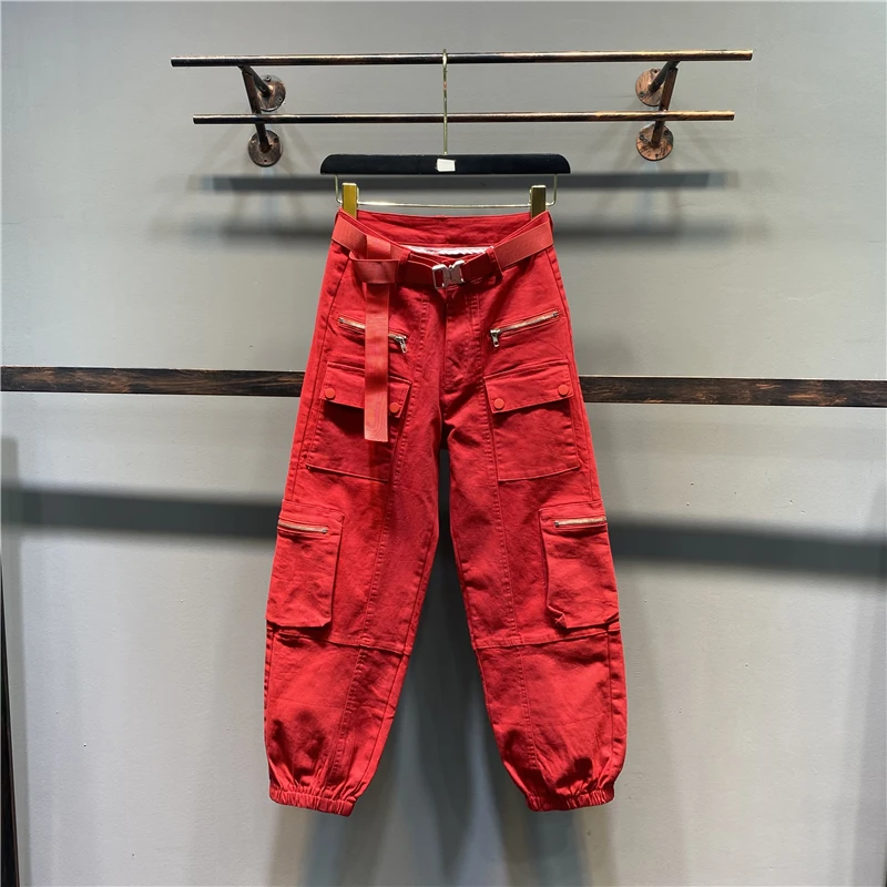 

Jeans High Waist Side Multi-Zip-Pocket Cargo Jogger Pants Black Harajuku Streetwear Women Workout Fashion Trouser