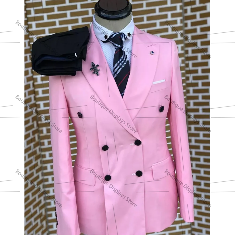 High-end Pink Front Fork Double Breasted Men Suit Two Pieces(Jacket+Pants) Lapel Outfits Chic Casual Party Prom Wedding Set