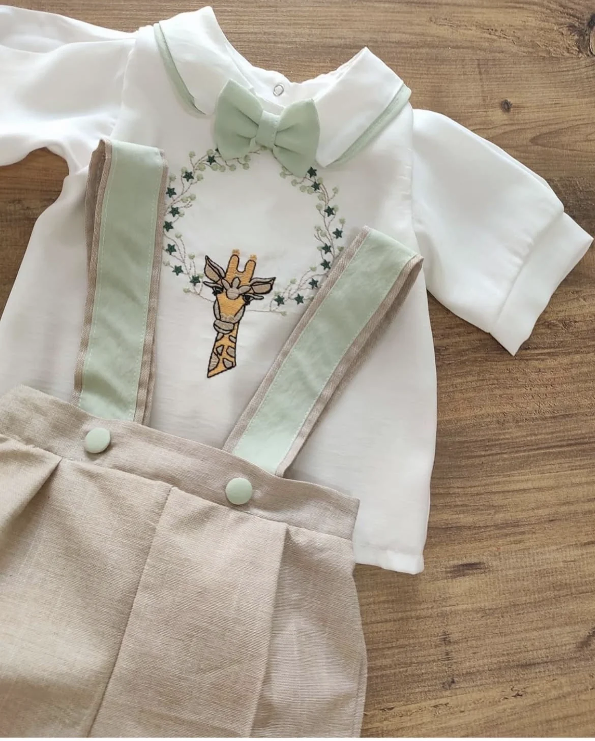 0-6Y Baby Boy Spring Summer Giraffe Embroidery Vintage White Shirt Khaki Shorts Set for Party Eid Casual Birthday Christmas B44