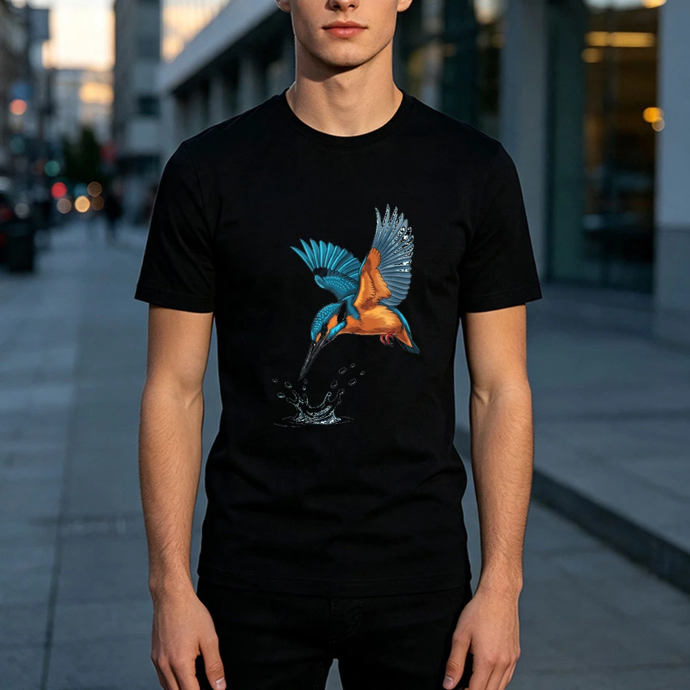 Kingfisher Bird Diving With Open Wings Hovering Above Water Splash Print Male White T Shirt Dynamic Wildlife Action Graphic Tee