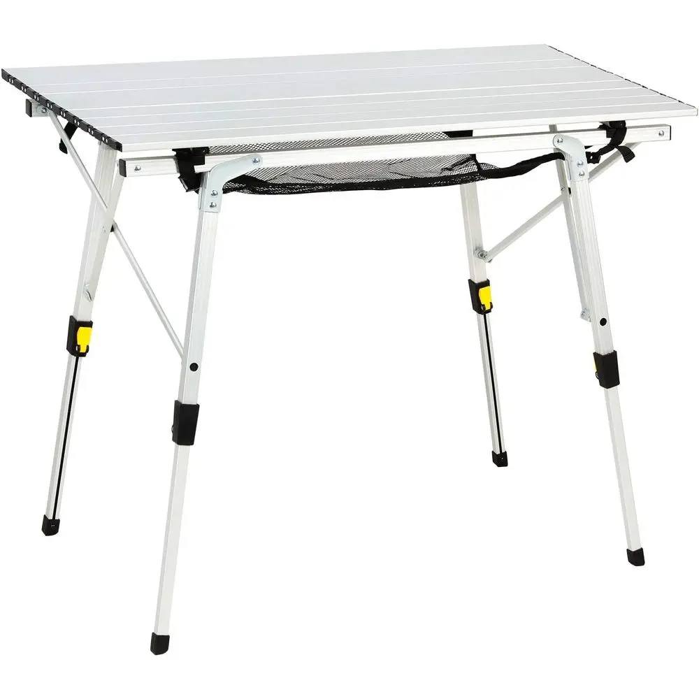

Collapsible Portable Camping Table with Adjustable Height and Mesh Layer, Silver