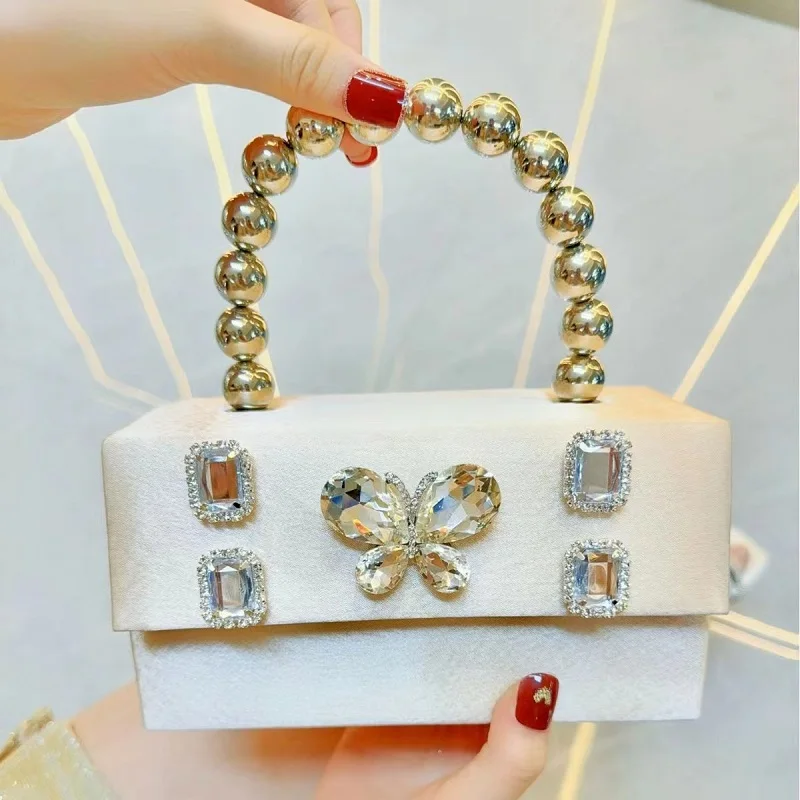 The new diamond butterfly rhinestone hand bag small square bag banquet silk satin shoulder slung dinner bag