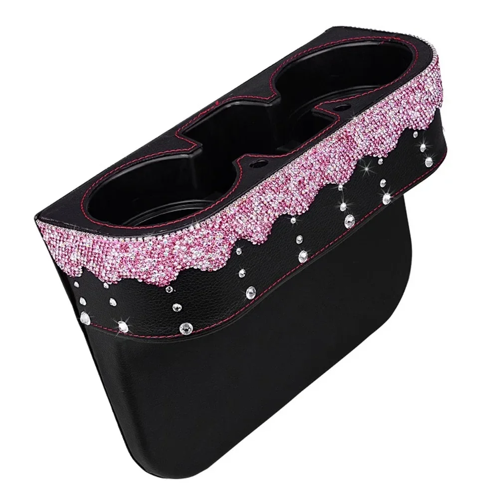 Leather Seat Crevice Storage Box Bag with Luxury Crystals Drink Cup Mobile Phone Organizer Car Interior Accessories