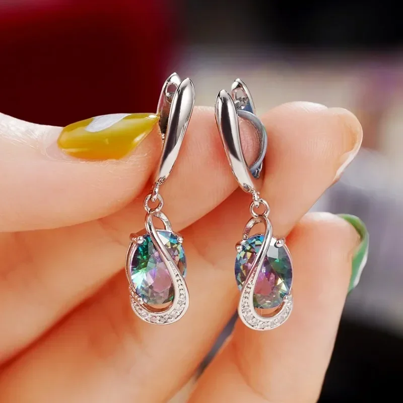 European and American Colorful Rectangular Water Drop Zircon Earrings, Bridal Wedding Design, Attendance Banquet Accessories