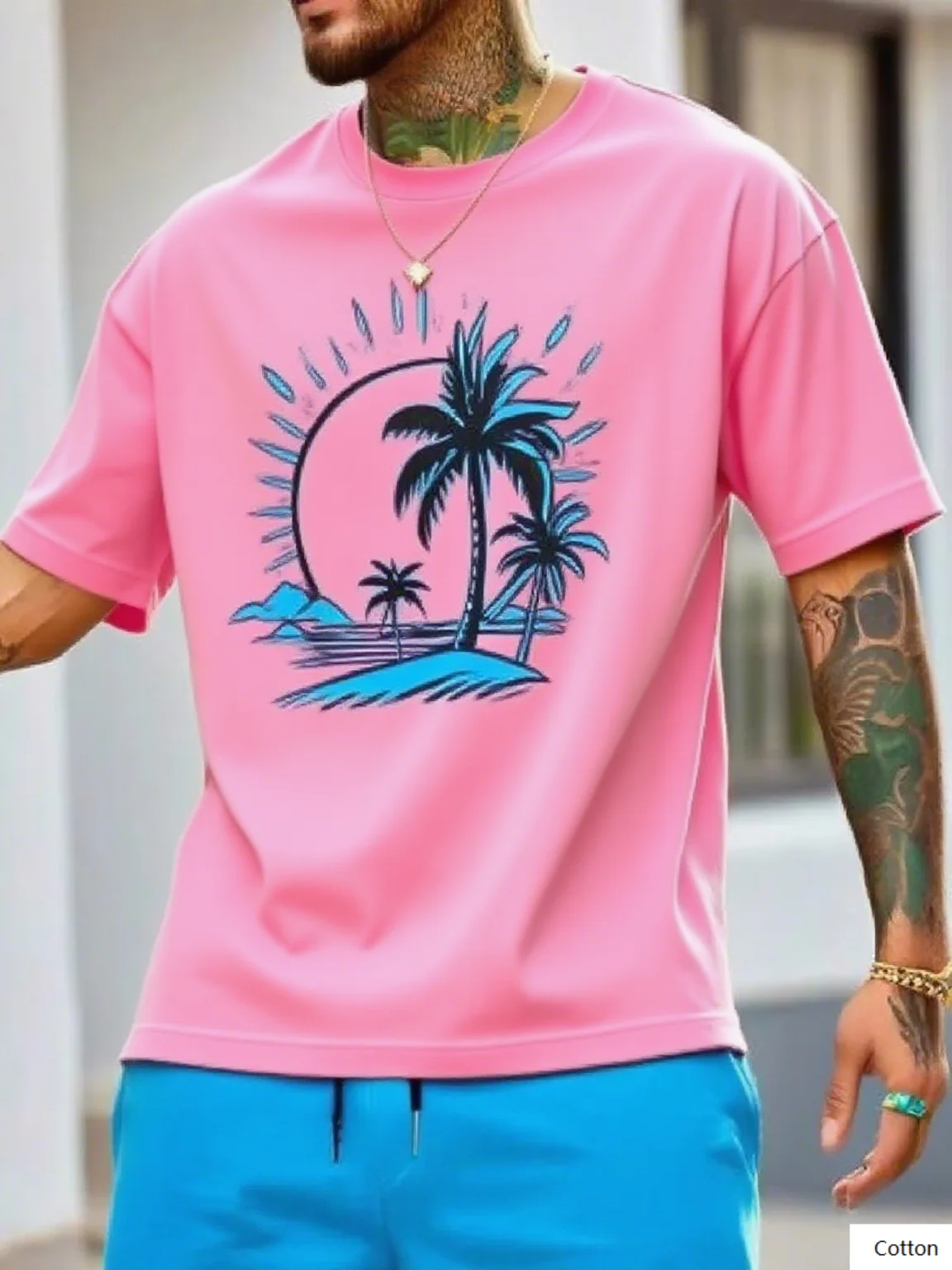 تي شيرت قطني برسومات شجرة النخيل والقمر على طراز العطلة الاستوائية - قميص علوي مثالي للشاطئ والمظهر غير الرسمي تي شيرت S-4XL