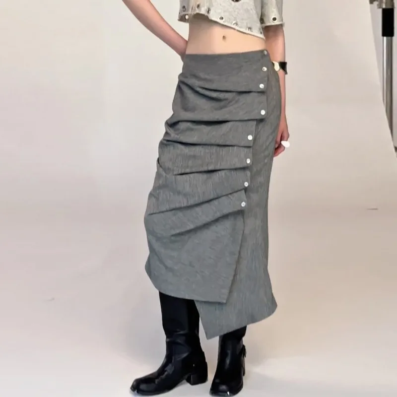 

Женская мода на пуговицах, плиссированные асимметричные длинные юбки с высокой талией на молнии Y2K, уличная одежда, тонкие повседневные штаны, универсальная юбка