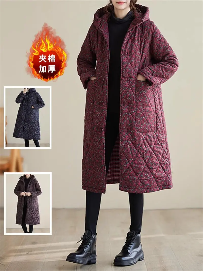 

Flower Cotton Jacket Ethnic Style Printed Clothes Women Thickened Large Size Medium Length Hooded Warm Winter Coat Abrigos Z4127