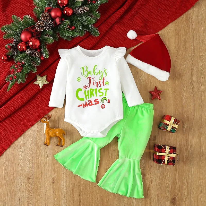 Newborn Baby Girls First Christmas Romper Outfit White Ruffle Top Green Bell Bottom Pants With Santa Hat Set 0 24M