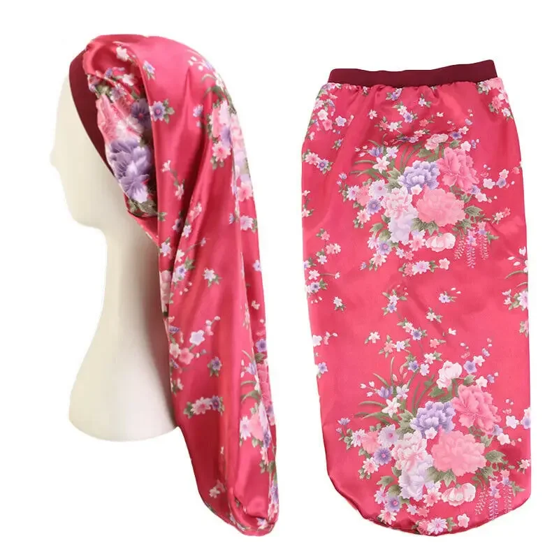 2025 New Women Long Satin Bonnet Large Sleep Cap Braids Elastic Hair Band Bonnet Cap Long Print Night Sleep Hat Chemo Caps