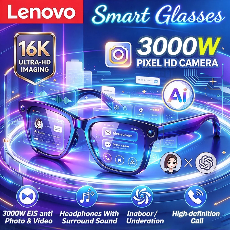 Lenovo 2027 AI Smart Glasses 12KHD 3000W Camera Video Recording 150 Language Translation ChatGPT Bluetooth CallAudio Sunglasses