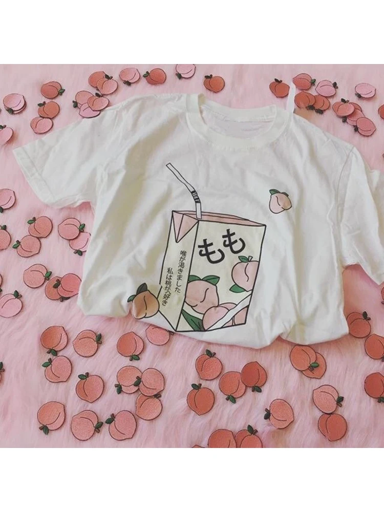 Peach Juice Japanses Aesthetic Grunge T-Shirt Women Girls 90s Kawaii White Tee Summer Casual Tumblr Outfit Fashion Top