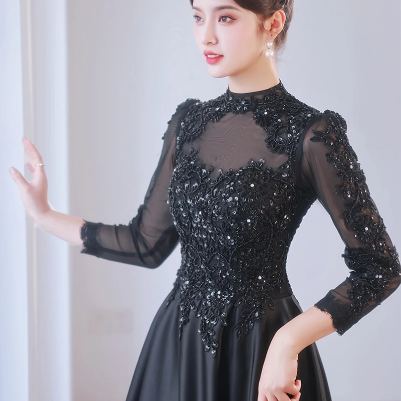 It\'s Yiiya High Neck Evening Dress Black Zipper Back A-Line Floor Length Full Sleeves Plus size Woman Formal Party Gowns XC016