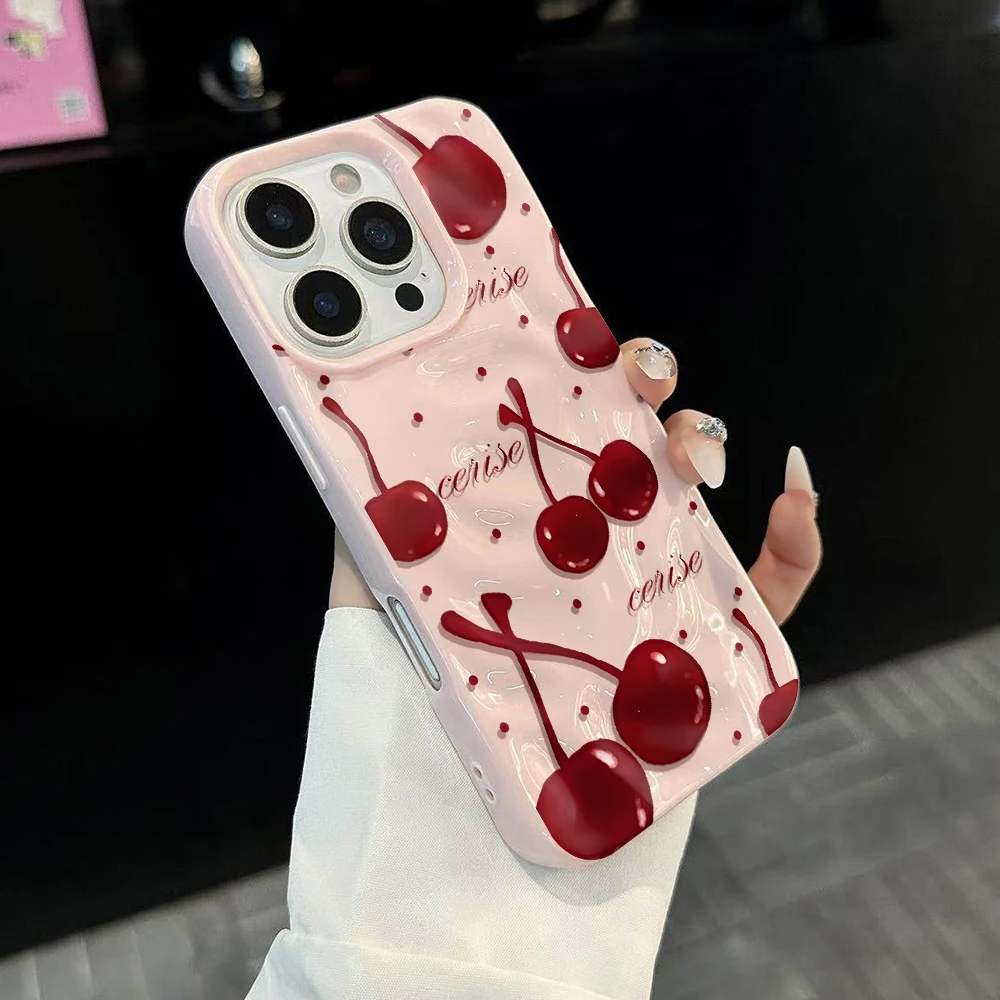 Koreanisches Kirschmuster Handyhülle für iPhone 17 16 15 14 13 12 11 Pro Max 14 15 Plus 17Air Falten-Wellen Weiche Silikon-Schutzhülle – Detail 3