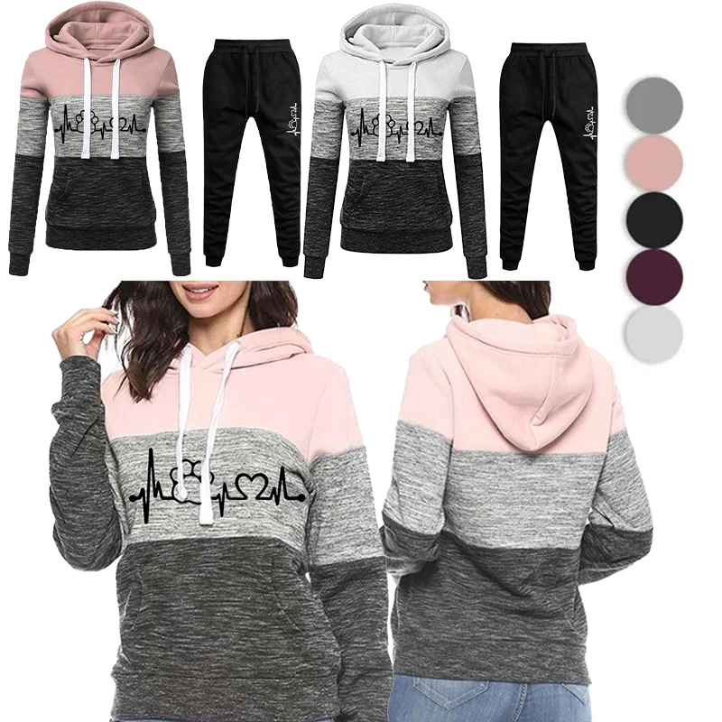 

New women's sportswear two-piece casual tricolor printed hoodie sweatshirt top and pants casual set women's sports set