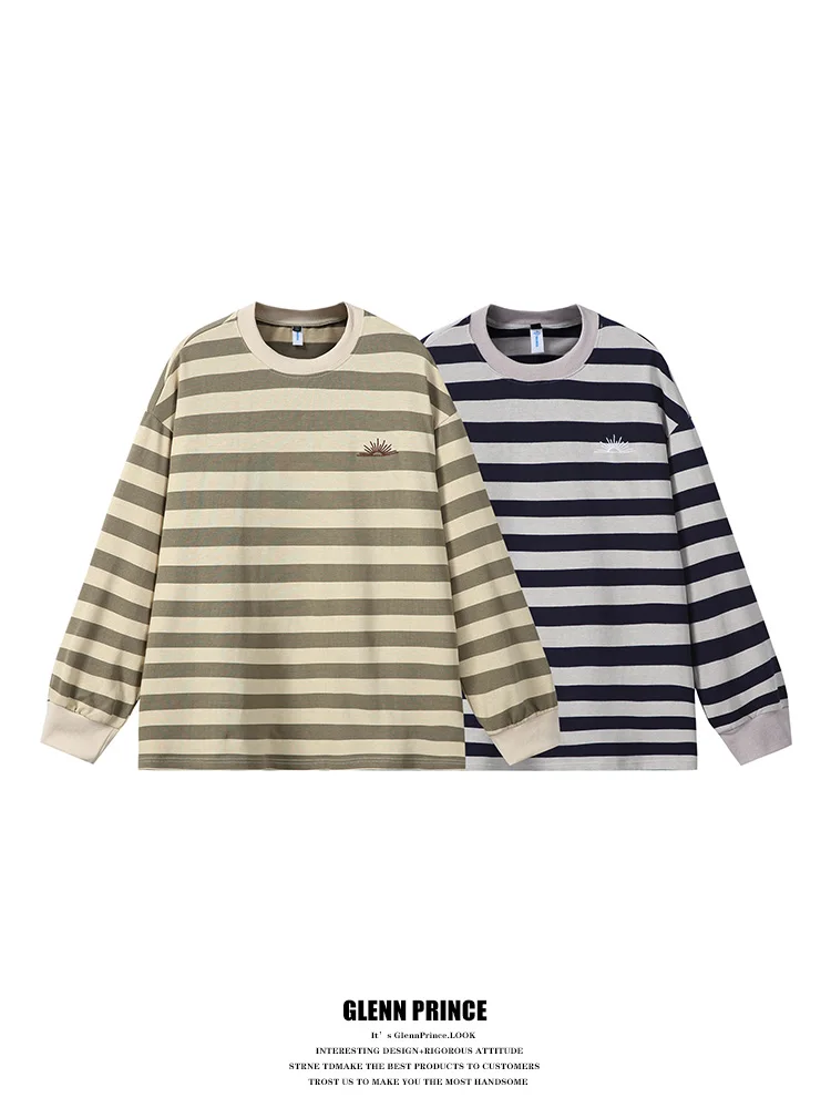 GPstudio Korean Trend Stripe Embroidery Long Sleeve T-Shirt Men's Spring Cotton Loose Crew Neck Pullover Base Shirt