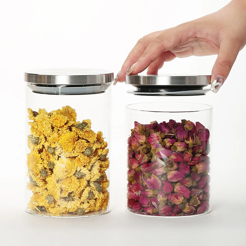 Two Stainless Steel Lid Glass Jars, High Borosilicate Transparent Storage Jars for Grains, Nuts, and Dried Fruits, Airtight Jars
