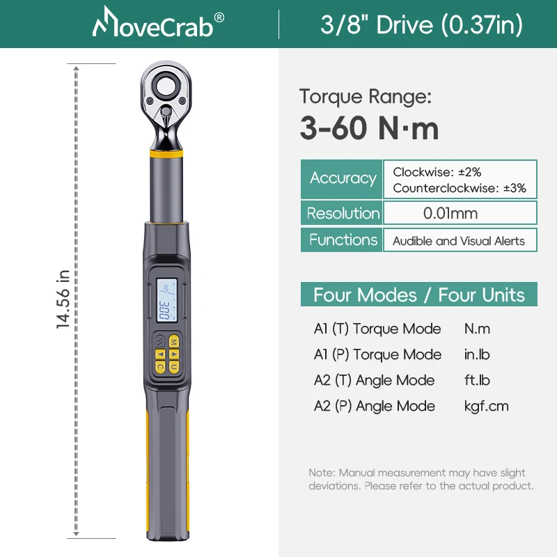MoveCrab 3/8" 1/2" Digitale momentsleutel met hoekmeting 3-340 N.m, nauwkeurigheid 0,1° ° voor doe-het-zelf auto- en motorreparatie