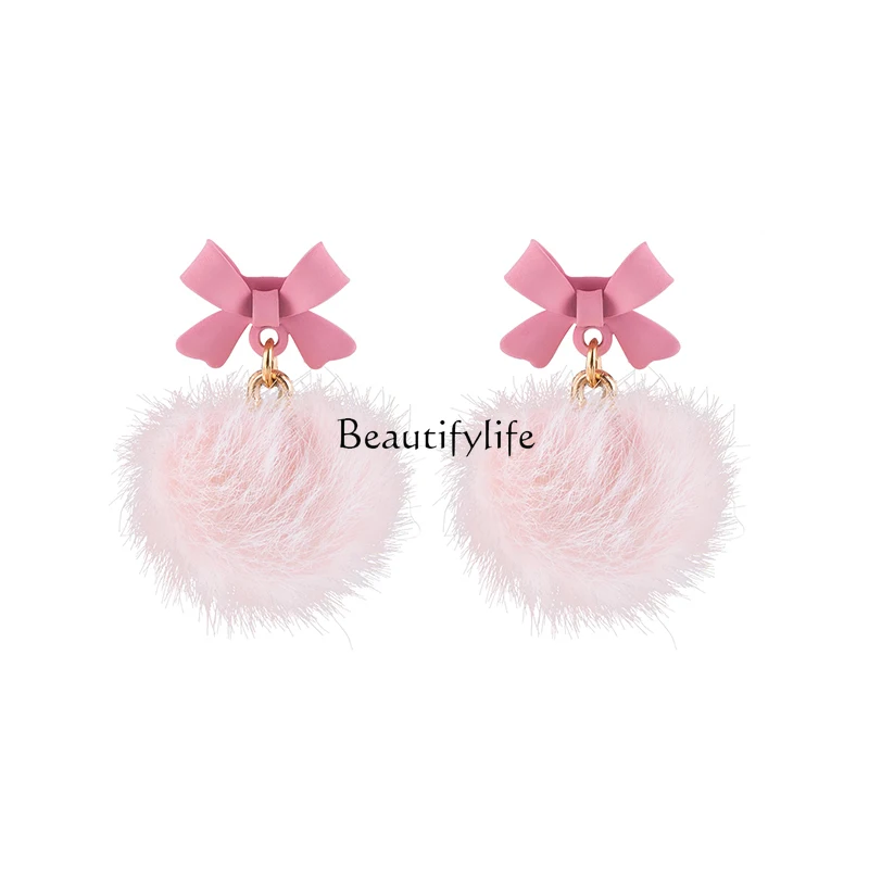 Gentle Pink Bowknot Fur Ball Earrings New Year Celebration Cute Plush Sterling Silver Earrings