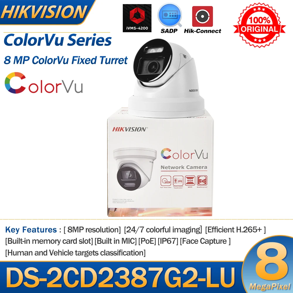 Hikvision-Imagem colorida ColorVu Câmera IP, Micromicrofone embutido, Slot para cartões SD, Vigilância de Segurança, IP67, 8MP, DS-2CD2387G2-LU, 4K POE 24 7