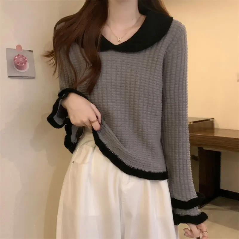 Peter Pan Collar Spliced Knitted Jumpers Female Clothing Contrasting Colors Autumn Winter All-match Korean Long Sleeve Sweaters