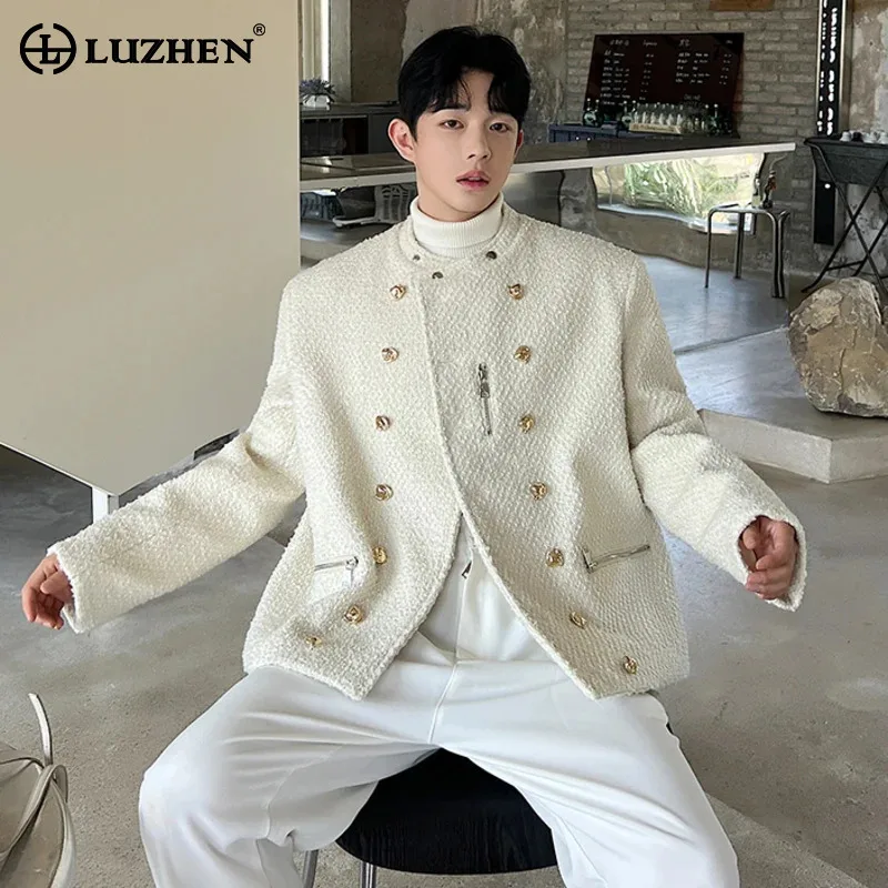 LUZHEN Double Breasted Decorate Fleece Outerwear Men's Fashion Korean Handsome Solid Color Trendy Elegant Original Jacket LZ7946