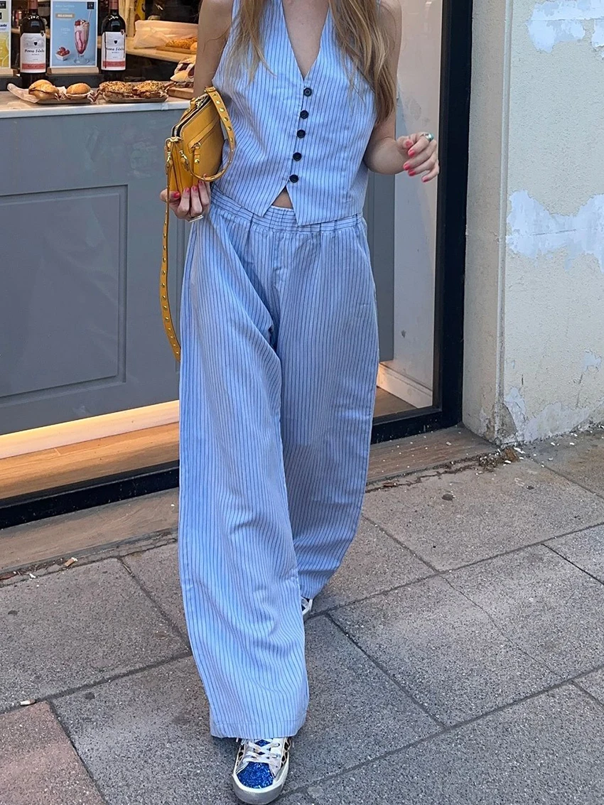Marthaqiqi Striped Women Pajamas Set Sexy Sexy V-Neck Sleepwear Crop Top Nightwear Tank Tops Nightgown Pants Ladies Nightie Suit