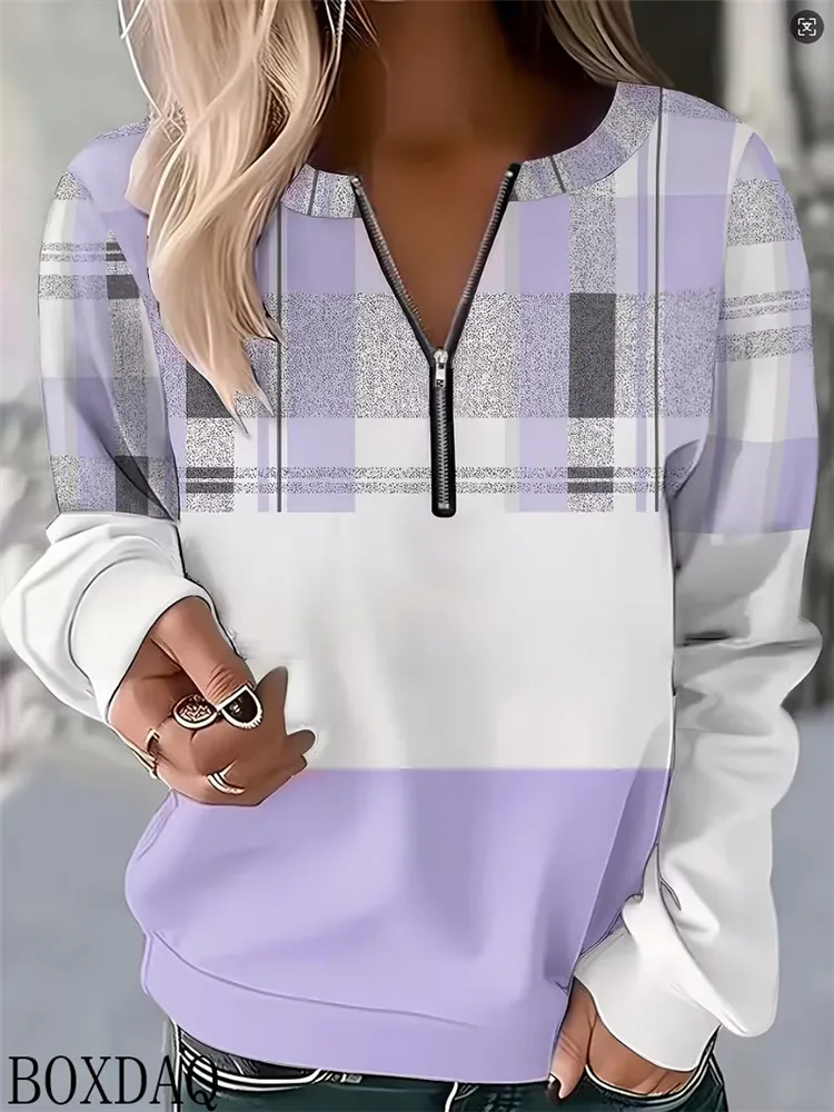 Women's Zipper Long Sleeve Sweatshirts Autumn Winter 2026 Fashion Striped Patchwork Hoodie Tops Casual V-Neck Ladies Clothes