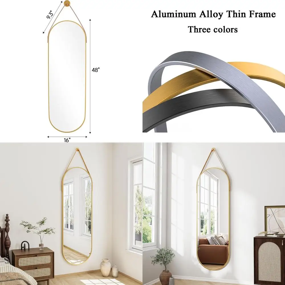 

Золотое настенное овальное зеркало, 48x16, с кожаным ремешком для подвешивания, для прихожей, гостиной или ванной комнаты