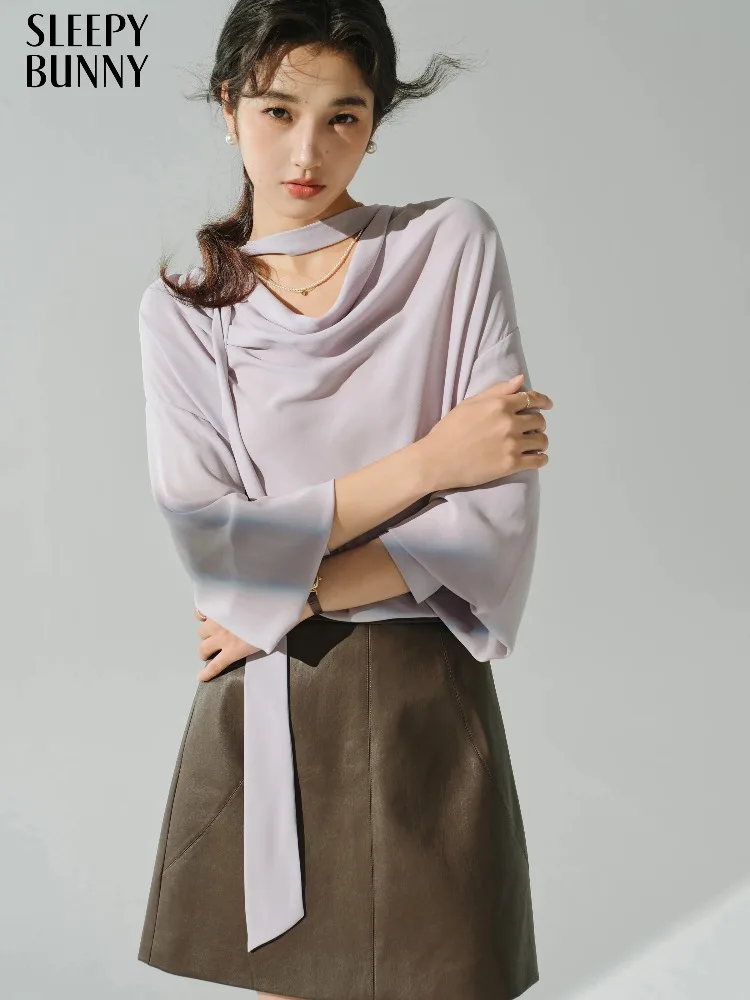 

Vintage Draped Neck Blouse for Women Autumn Chiffon Long Sleeve Shirt Elegant Loose Fit Lantern Sleeve Top Fashion Casual Wear