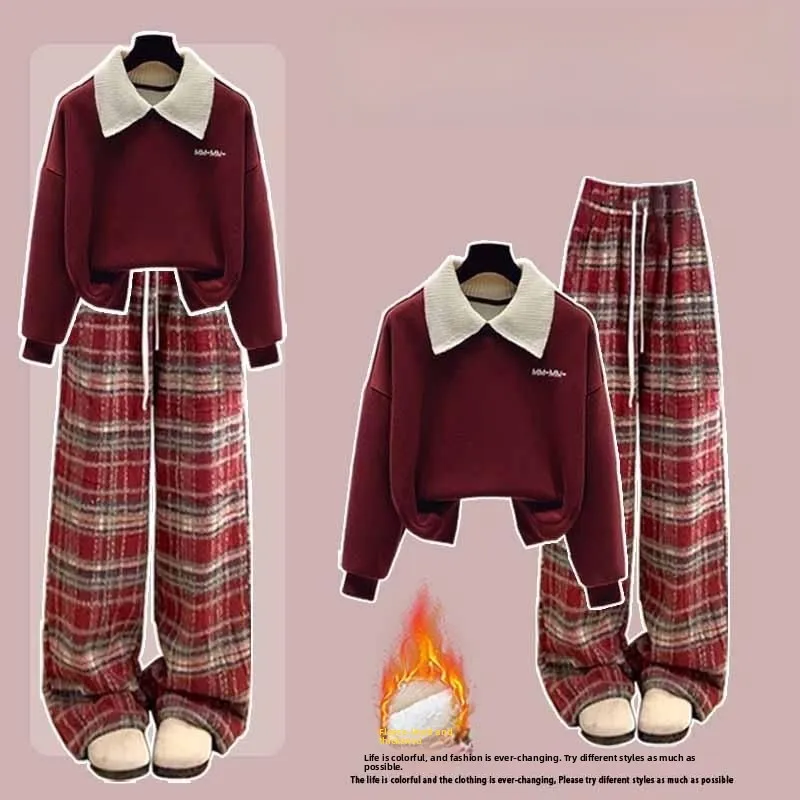 

Thickened Fleece Hoodie And Pants Set Women's Autumn Winter College Style Plaid Collar Casual Sports Two-Piece Suit