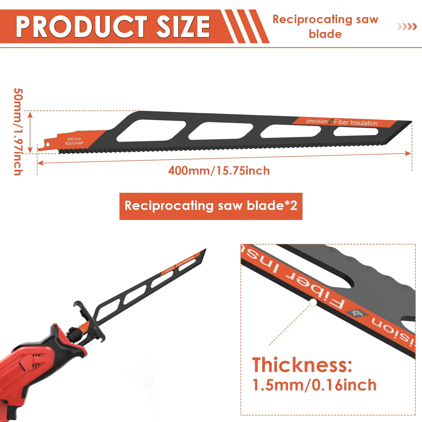 2Pcs 400mm 16 Inch Reciprocating Saw Blades S2013AWP Wave Serrated Edge Sabre Saw Blade for Foam board Cardboard Soft plastic