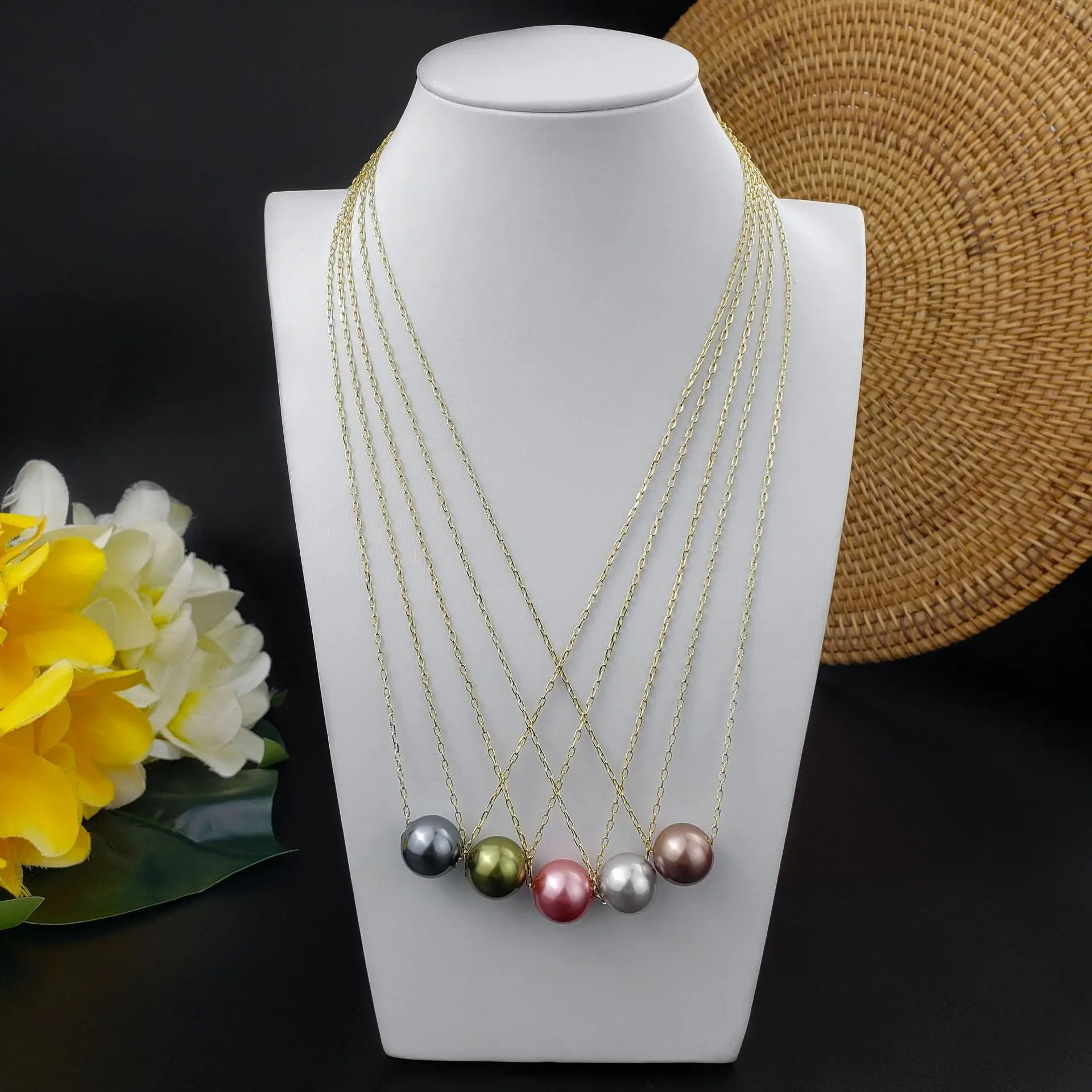 Dainty One Round Floating Mother of Pearl Necklace Earring Jewelry Set Handmade Hawaii Polynesian Bridesmaid Gift