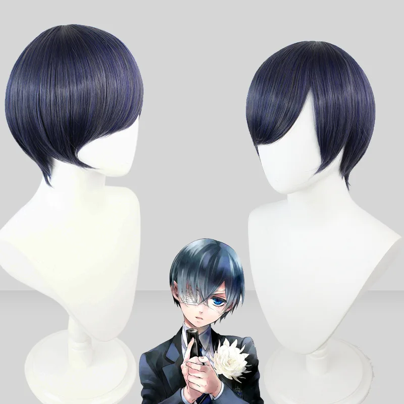 Ciel Phantomhive Wig Cosplay 30cm, kostum pesta pendek Ciel tahan panas rambut sintetis pesta + topi Wig